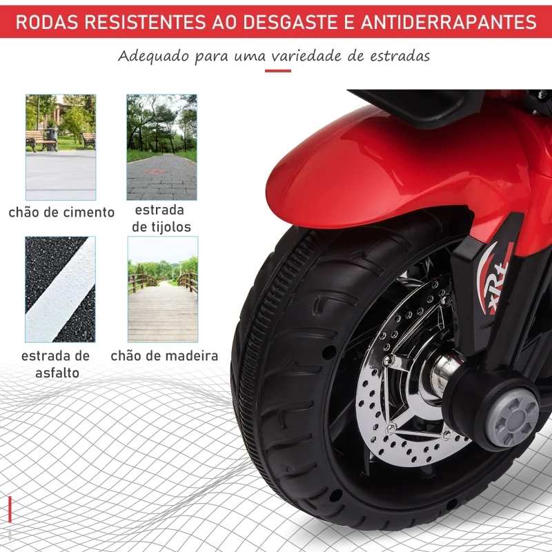 HOMCOM Motocicleta Elétrica Infantil com 3 Rodas para Crianças acima de 3 anos Triciclo com Pedal para Crianças Bateria 6V com Luzes Música Pneus Largos 86x42x52cm Vermelho e Preto