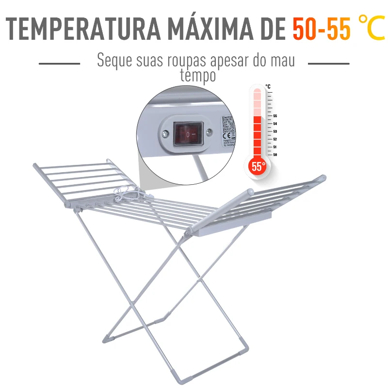 HOMCOM Varal Elétrico Dobrável com Asas de roupa  varal em pé 8 Barras em alumínio X Extensível 149x54x92cm Alumínio