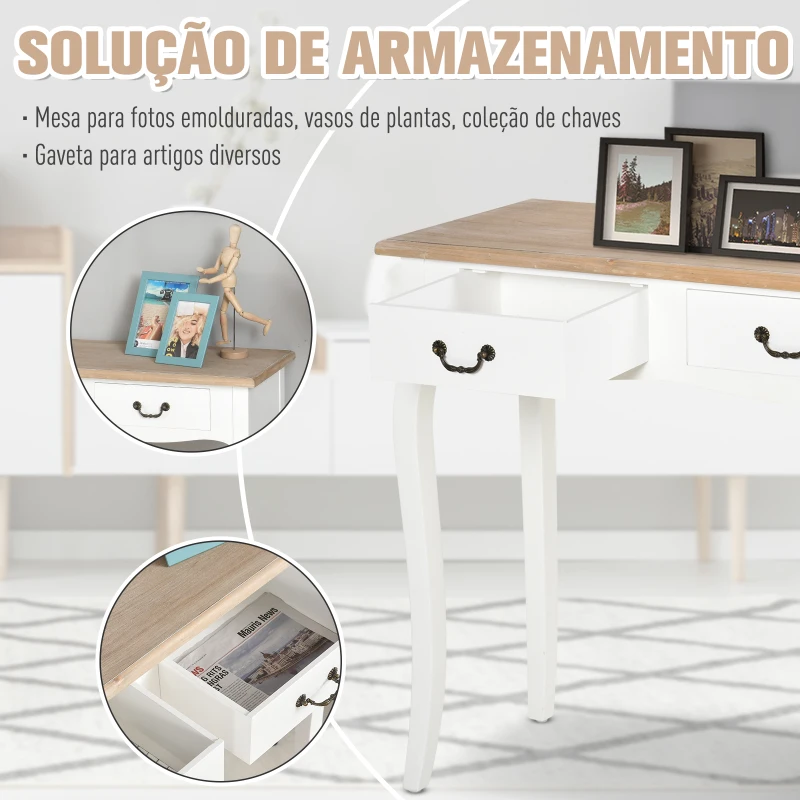 HOMCOM Mesa Consola Mesa Auxiliar com 2 Gavetas  para Entrada Corredor Sala de Estar 87x34x78,5cm Branco e Madeira
