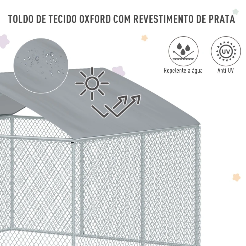 PawHut Canil de Exterior com Toldo Gaiola para Animais de Estimação de Metal Galvanizado com Fechadura para Jardim Pátio 230x230x172cm Prata