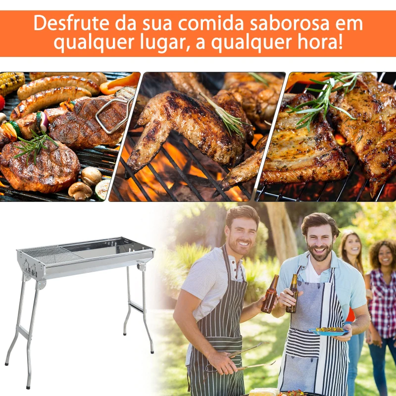 Outsunny Barbecue Portátil e Dobrável de Aço Inoxidável com Grelha Barbecue a Carvão com Ventilação 73x33x71 cm Prata