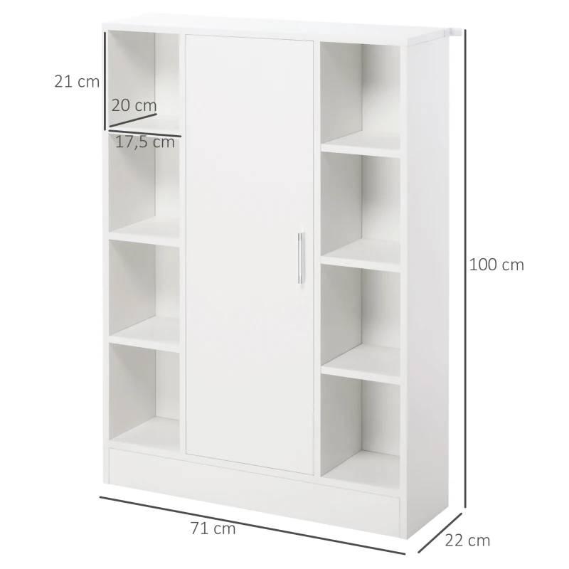 Kleankin Armário Casa de Banho de Madeira com 8 Prateleiras Abertas e 1 Porta com Prateleiras Ajustáveis Móvel Auxiliar Multiuso para Cozinha Sala de Estar 71x22x100cm Branco