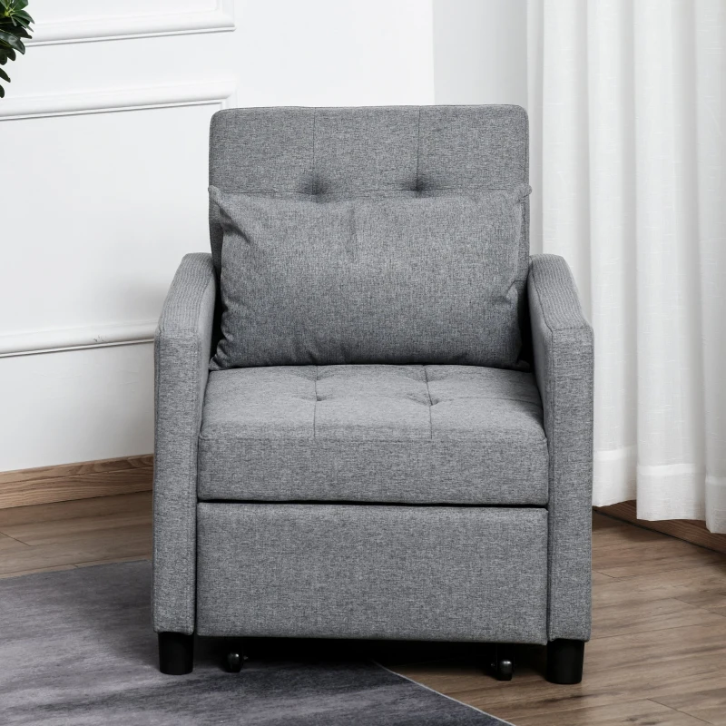 HOMCOM Sofá-cama Individual Poltrona com encosto reclinável Almofada removível Assento acolchoado e 4 rodas 69x82.5x84 cm Cinza
