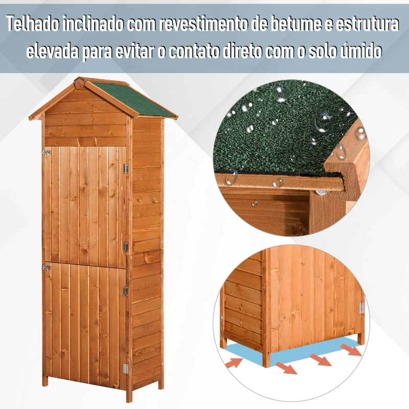 Outsunny Armário de Jardim de Madeira 79x49x190 cm 0,288 m² Abrigo de Armazenamento de Ferramentas com Teto Asfáltico 3 Prateleiras e 2 Portas com Fechadura para Exterior Terraço Madeira