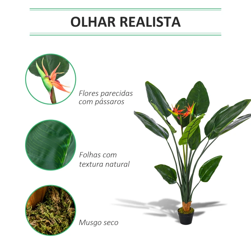Outsunny Planta Artificial Ave do Paraíso com Vaso Strelitzia Reginae Sintética com 13 Folhas e 2 Flores Ø18x155 cm Verde e Vermelho