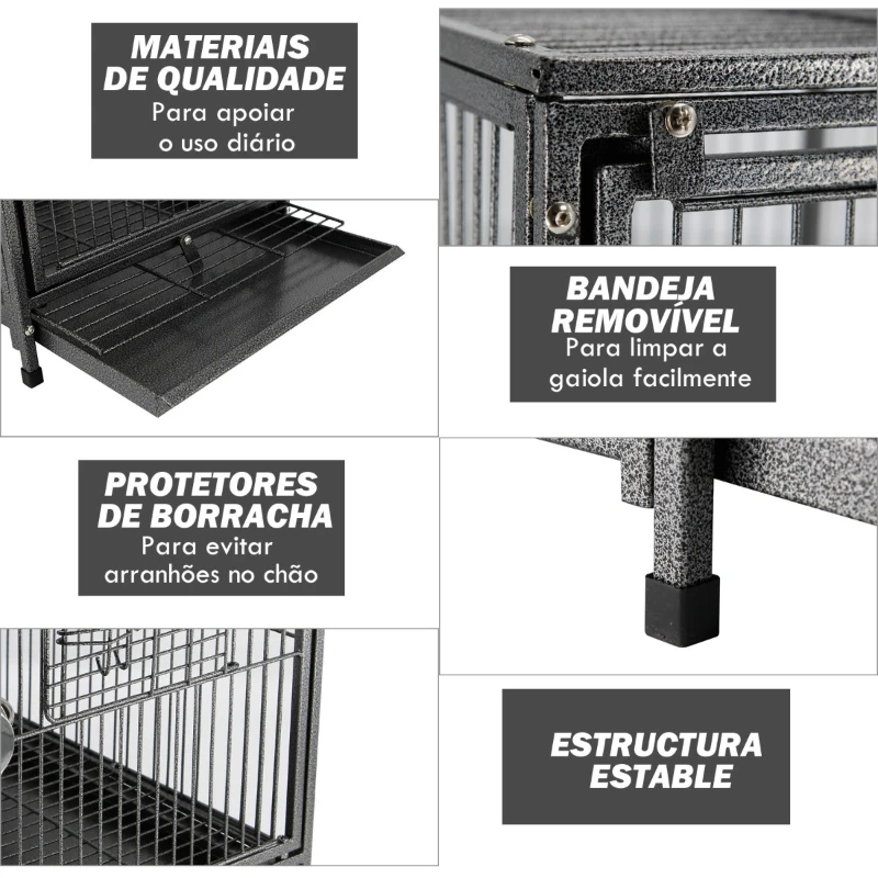 PawHut Gaiola de pássaro metálica espaçosa para papagaios interiores ou exteriores com 4 portas 2 alimentadores de aço inoxidável removíveis Fácil de transportar 46x36x56cm