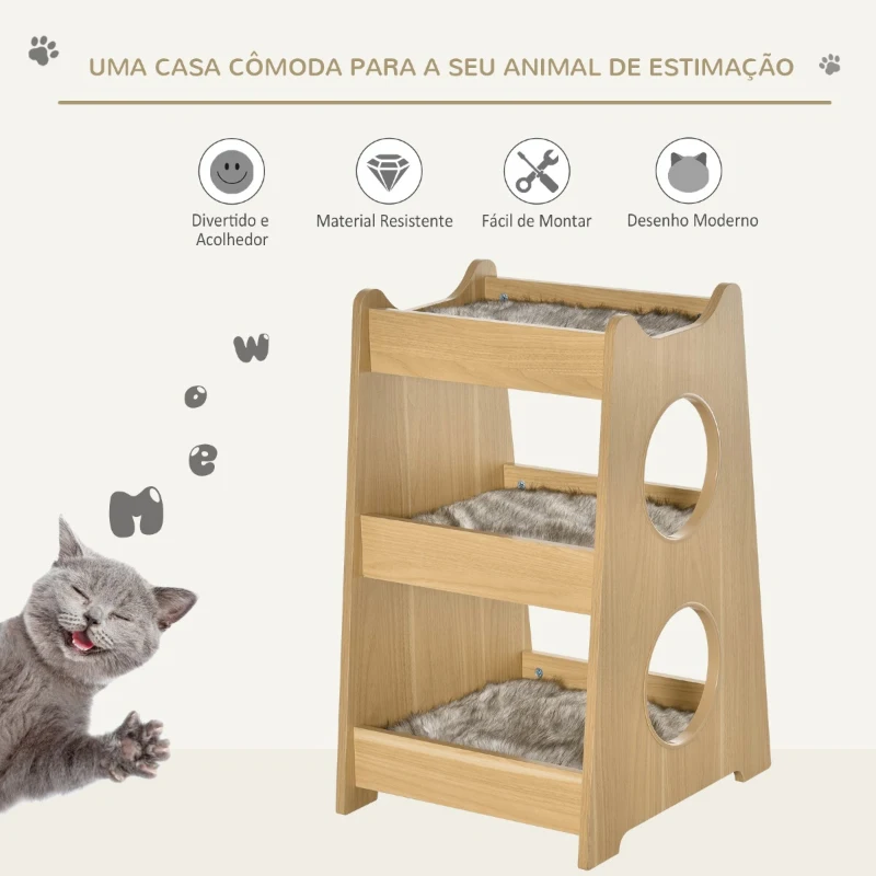 PawHut Cama para Gatos de 3 Níveis com Almofadas Removíveis e várias Entradas Móveis de atividades para gatos 50x43x74 cm Cor de madeira natural