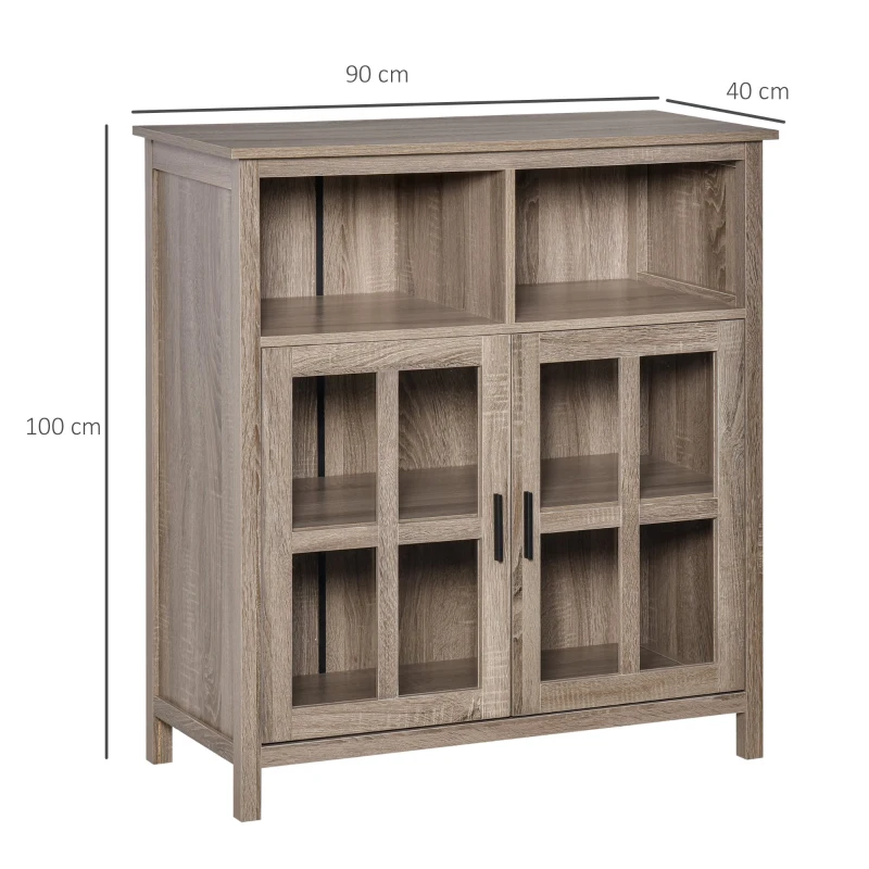 HOMCOM Aparador de Cozinha Armário Buffet com 2 Portas de Vidro e 2 Compartimentos Abertos Móvel Auxiliar de Armazenamento para Sala de Jantar Sala de Estar 90x40x100cm Carvalho