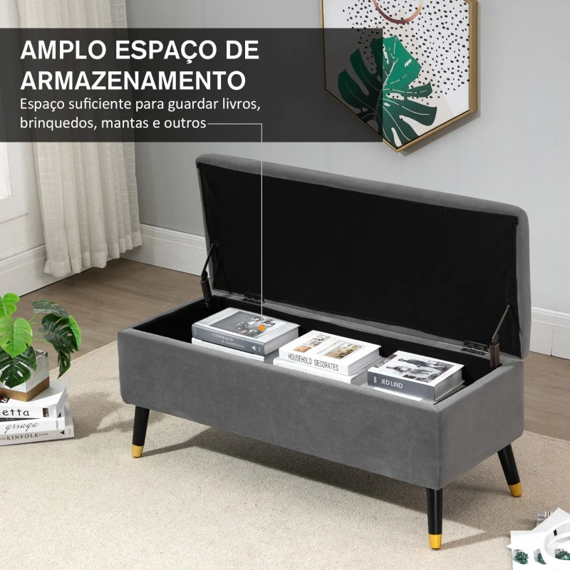 HOMCOM Banco de Armazenamento com Tampa Puff Estofado em Veludo com Assento Acolchoado e Pés de Madeira para Dormitório Entrada 110x43x45cm Cinza