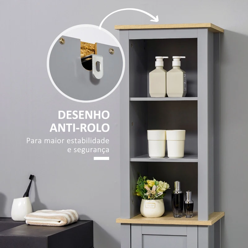 Kleankin Armário de banheiro alto móvel de coluna estreita com 1 porta de prateleira ajustável e 3 compartimentos abertos 39x30x168 cm Cinza