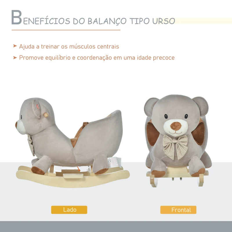 HOMCOM Cavalo de balanço com forma de urso para bebê acima de 18 meses com som 60x33x50