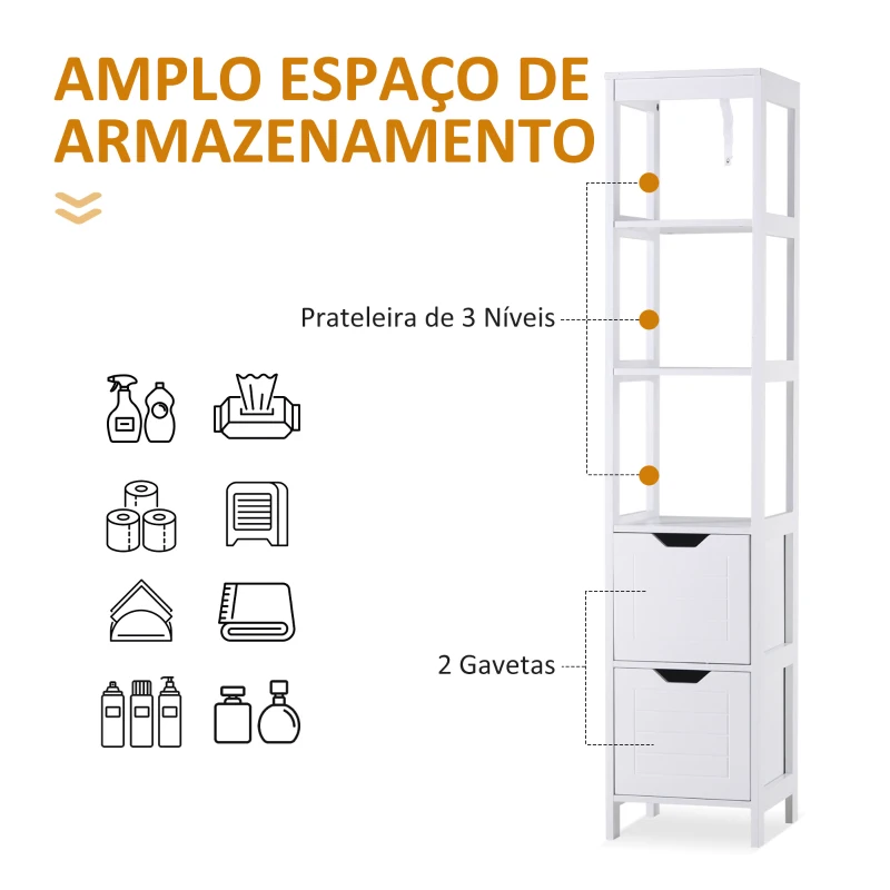 Kleankin Armário de banheiro alto Multiuso 3 prateleiras 2 gavetas 30x30x144 cm Branco