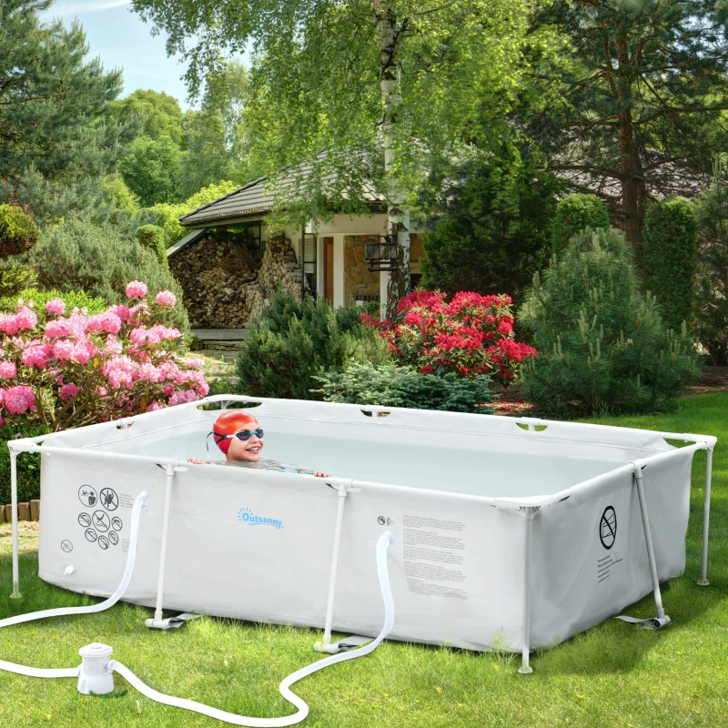 Outsunny Piscina Desmontável Tubular 291x190x75cm com Depuradora de Cartucho Piscina Retangular de Exterior para Adultos e Crianças 3600L Cinza