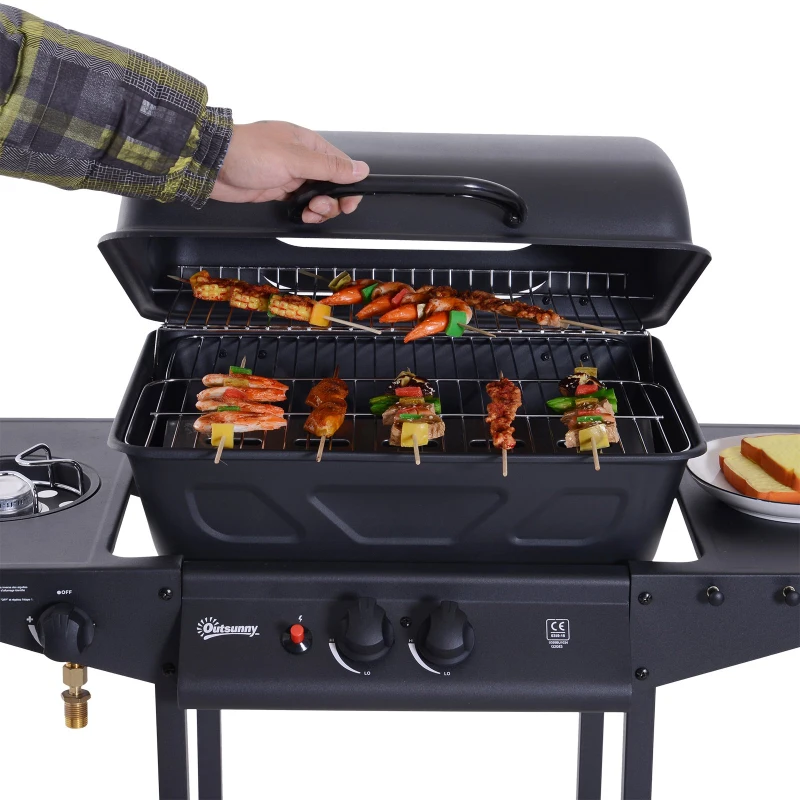 Outsunny Gas BBQ Picnic Camping Grill Churrasco para churrasco Queimador a Gás Exterior com 2 Queimadores Ajustáveis com Mesa Auxiliar e Rodas 5.5KW de Potência