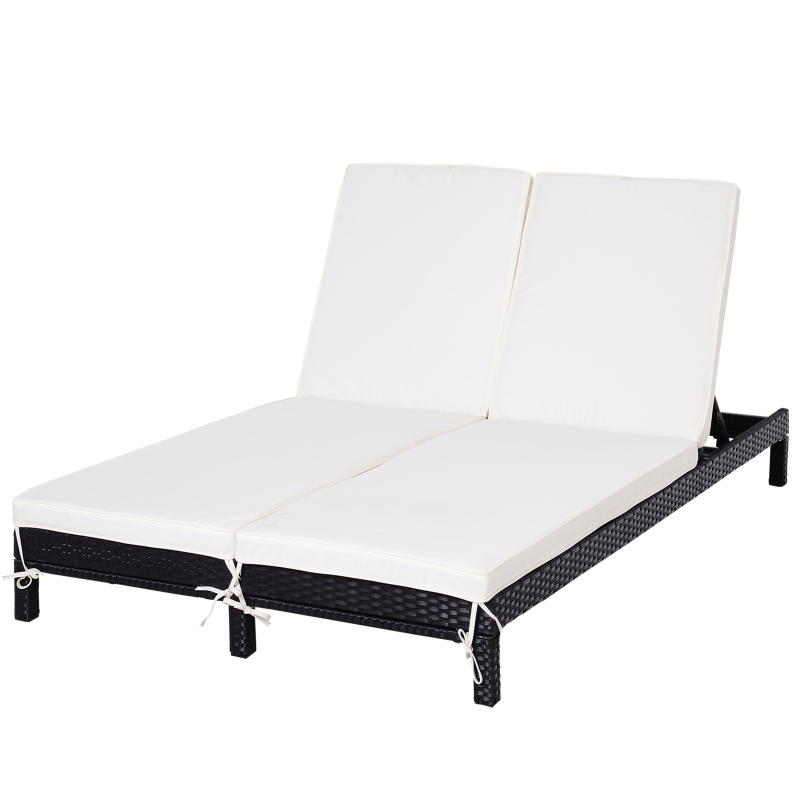 Outsunny Conjunto de Espreguiçadeiras Exterior de Vime 2 Lugares com Almofadas Acolchoadas Resistente à Água com Encosto Ajustável em 5 Níveis Suporta 220kg 195x120x28cm Preto e Branco Creme