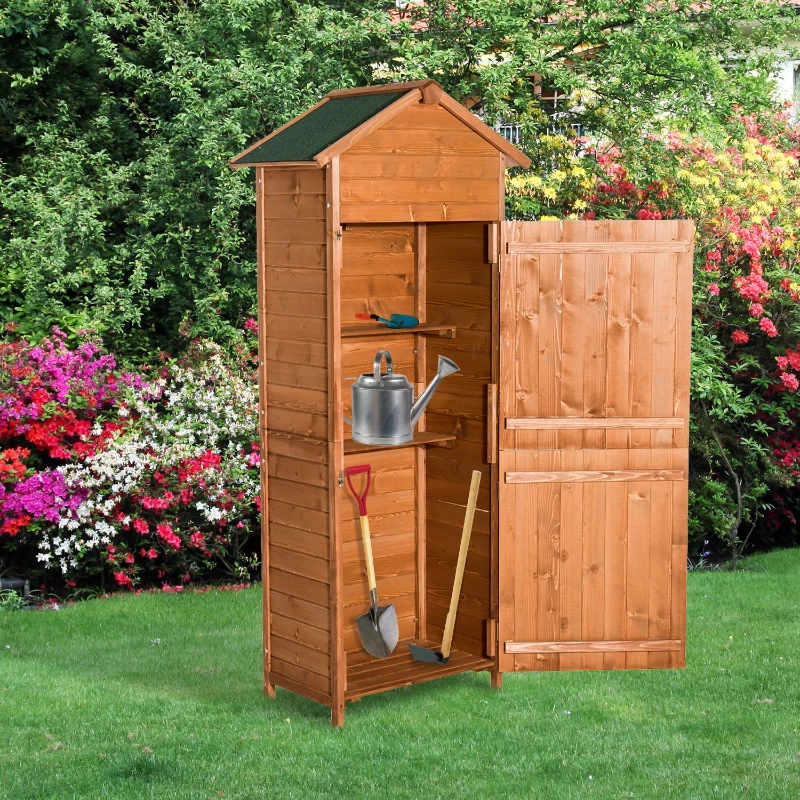 Outsunny Armário de Jardim de Madeira 79x49x190 cm 0,288 m² Abrigo de Armazenamento de Ferramentas com Teto Asfáltico 3 Prateleiras e 2 Portas com Fechadura para Exterior Terraço Madeira