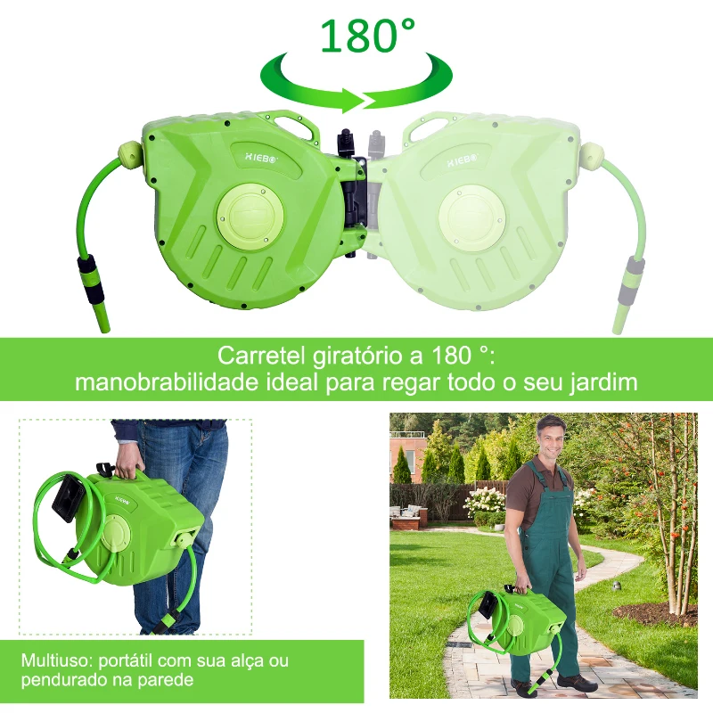 Outsunny Carretel para Mangueira 15m+1,5m Enrolador de Mangueira Montado na Parede 180º Giratório 47,5x15,5x35,5cm Verde