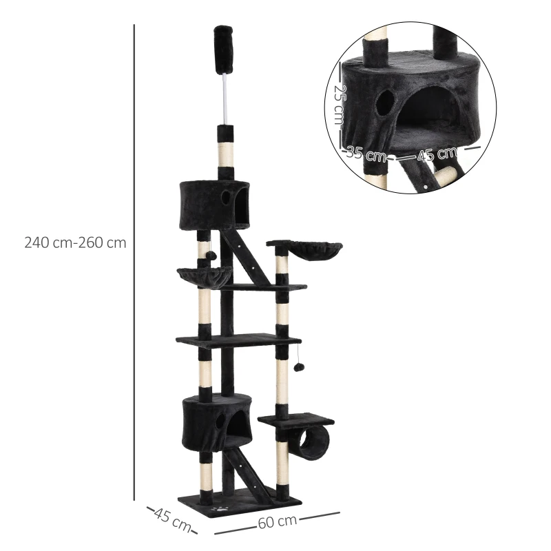 PawHut Árvore arranhador para Gatos com Altura Ajustável Plataformas Múltiplas Caverna Cestas e Escadas em Sisal Natural e Pelúcia 60x45x240-260 cm Cinza Escuro