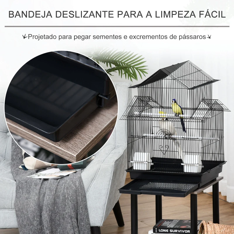PawHut Gaiola de metal com bandeja removível para periquitos tentilhões  canários 51x40x67 cm preto
