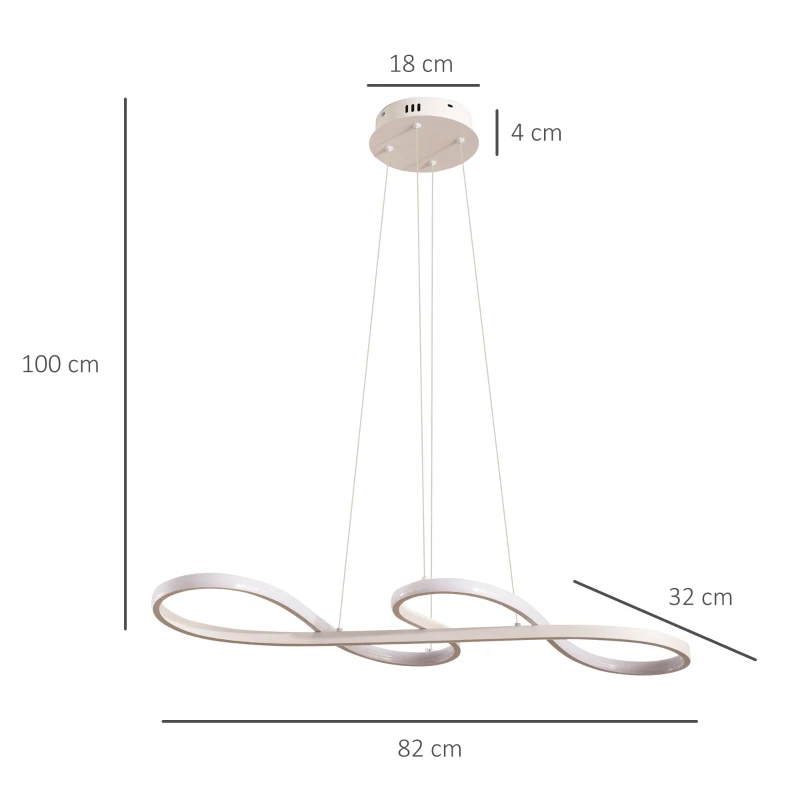 HOMCOM Candeeiro Suspenso de LED Moderno 70W Candeeiro de Teto com Altura Ajustável e Luz de 3 Cores 3000-6500K para Sala de Jantar Sala de Estar Dormitório 82x32x100cm Branco