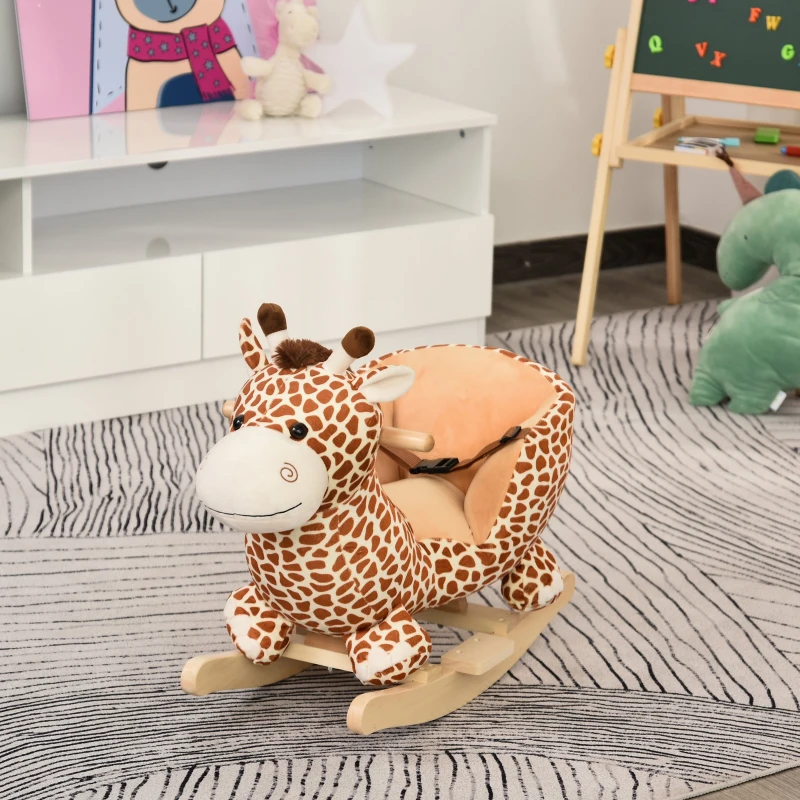 HOMCOM Baloiço para Crianças em Madeira com 32 Canções Cinturão de Segurança Girafa de Pelúcia 60x33x45 cm Marrom Claro
