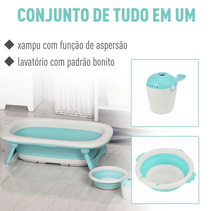 HOMCOM Conjunto de banho dobrável 3 em 1 para bebês de 0 a 3 anos Banheira pia taça de xampu