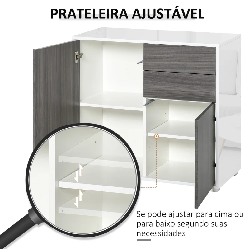 HOMCOM Aparador Auxiliar com 2 Portas 2 Gavetas e Prateleira Ajustável Abertura a Pressão Móvel Organizador de Armazenamento para Dormitório Sala de Estar 79x36x74cm Cinza