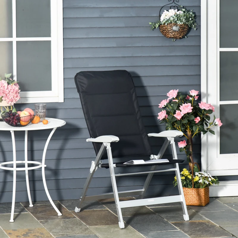 Outsunny Cadeira de jardim dobrável de alumínio com encosto alto ajustável de 7 posições e encosto de cabeça acolchoado 75x61,5x114,5 cm Preto