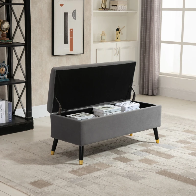HOMCOM Banco de Armazenamento com Tampa Puff Estofado em Veludo com Assento Acolchoado e Pés de Madeira para Dormitório Entrada 110x43x45cm Cinza