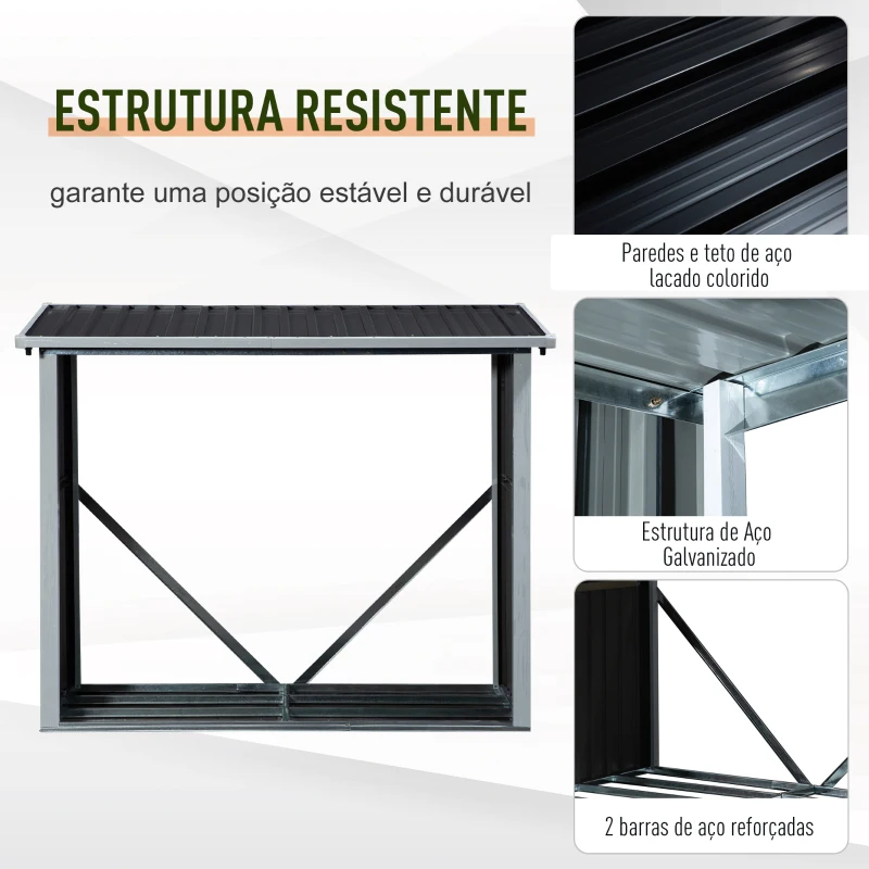 Outsunny Abrigo para Lenha de Aço Galvanizado Abrigo de Armazenamento de Lenhas com Teto Inclinado para Jardim Terraço Exterior 182 x 89 x 136/148cm Cinza
