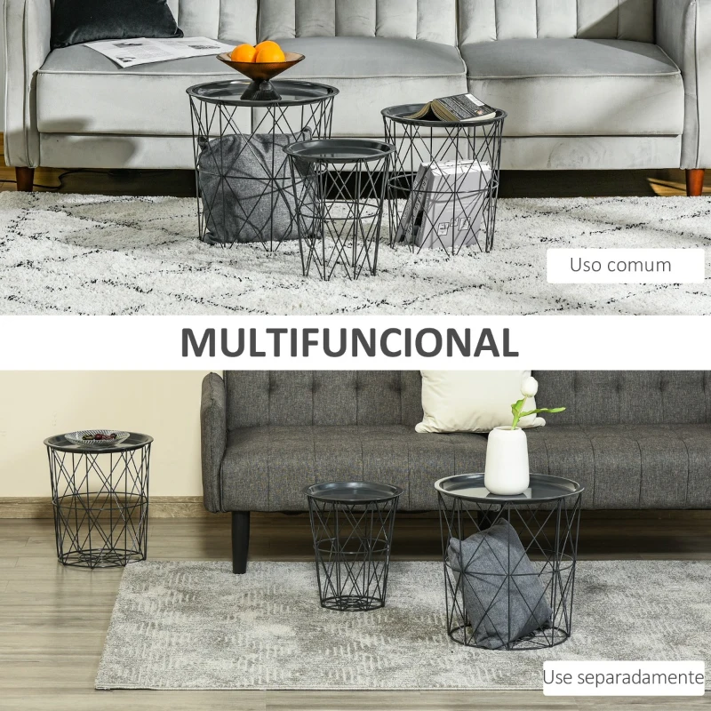 HOMCOM Conjunto de 3 mesas laterais empilháveis Cestos de metal com bandeja removível e espaço de armazenamento Estilo moderno para sala de estar Diâmetro Ø43 Ø35 e Ø30 cinza