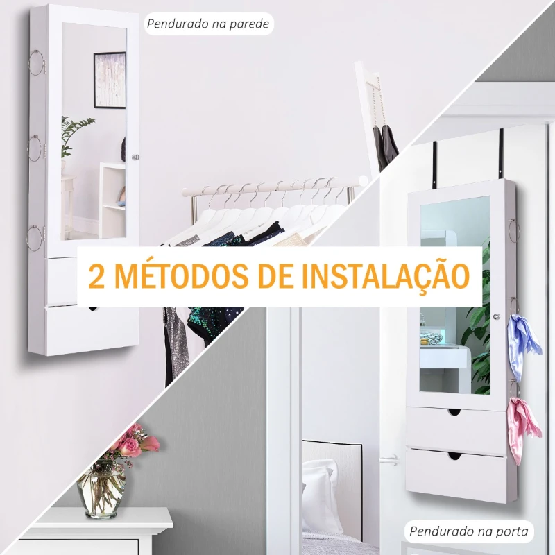 HOMCOM Espelho com Móvel de Bijuterias de Parede ou Porta Armário Porta Jóias com Altura Ajustável 2 Prateleiras Fechadas com Portas e Organizador de Jóias 35,5x9,5x102cm Branco