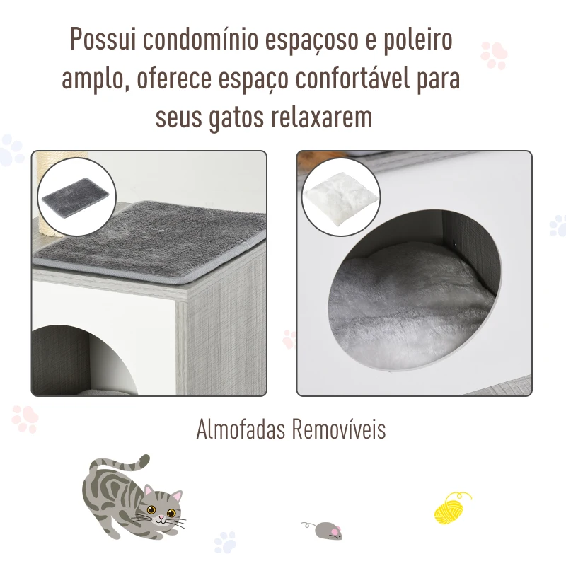 PawHut Arranhador para Gatos 59x39x62 cm de 3 Níveis com Poste de Arranhar Caverna Almofadas Amovíveis e Bolsa de Brinquedo Cinza
