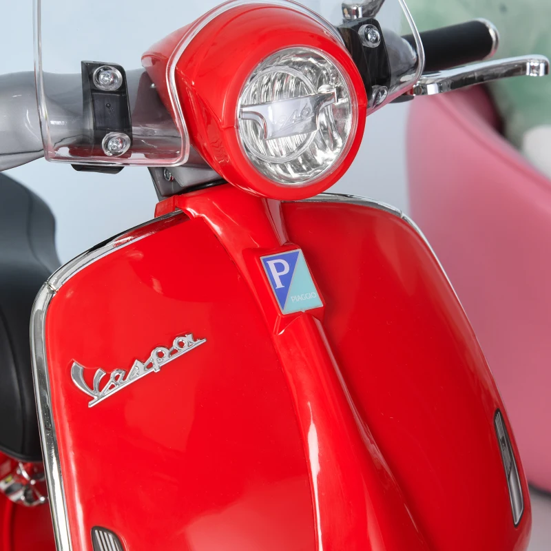 HOMCOM Mota Elétrica Vespa com Faróis Música 2 Rodas Auxiliares para Crianças acima de 3 Anos 108x49x75 cm Vermelha