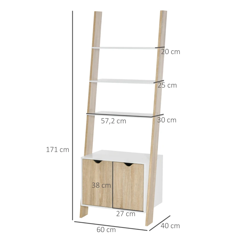 HOMCOM Estante em Forma de Escada de Madeira com 3 Prateleiras e 1 Armário Estante de Estilo Nórdico Moderno 60x40x171cm Carvalho e Branco