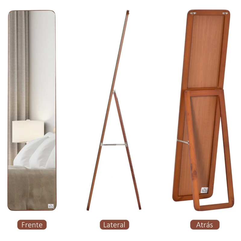 HOMCOM Espelho de pé de Corpo Inteiro Retangular Espelho de Parede com 2 Formas de Uso Estrutura de Madeira de Pinho para Dormitórios Sala de Estar Corredor 37x43x156cm Nogueira