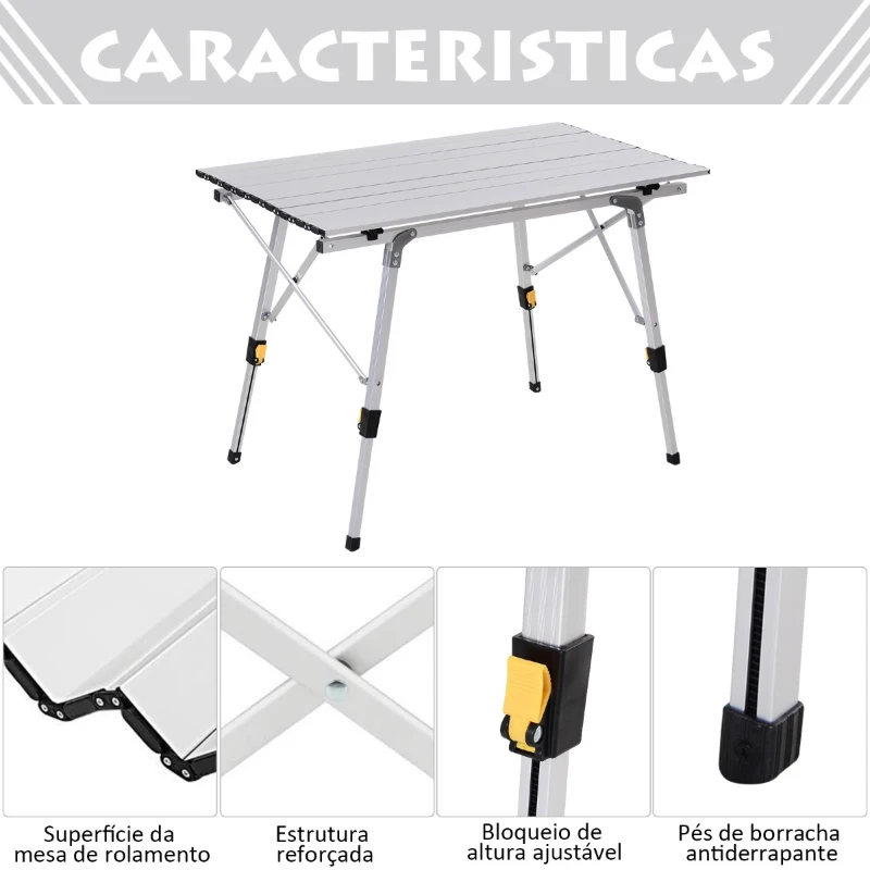 Outsunny Mesa de piquenique dobrável Mesa de camping de alumínio Altura regulável 90x53x45 / 65 cm Carga 30Kg
