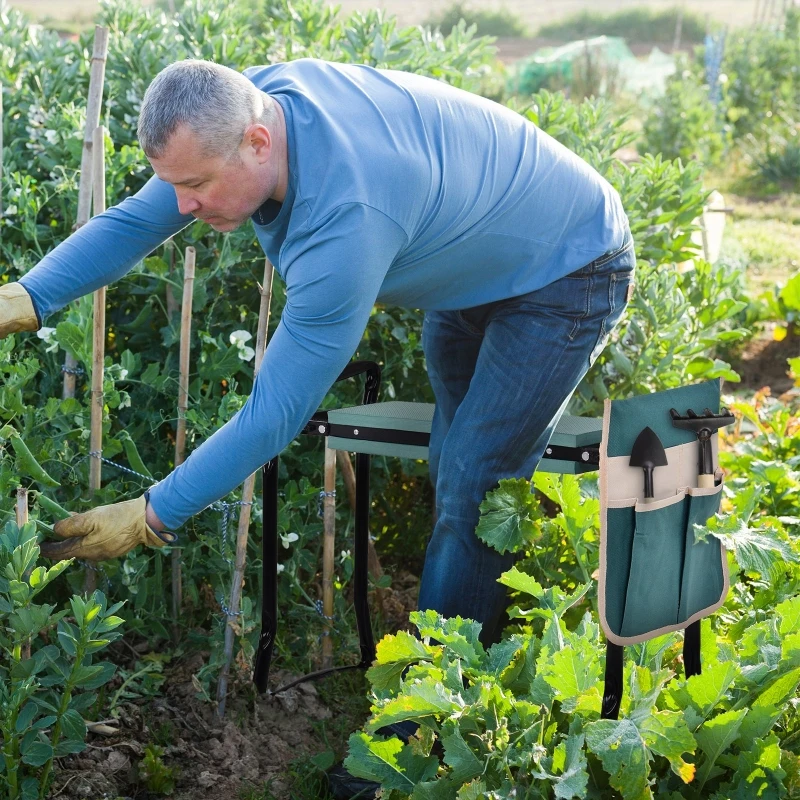 Outsunny Banco de Jardim Dobrável com Bolsa para Ferramentas Almofada de Proteção para Joelhos Assento de Jardim com Joelheira Altura Ajustável 58x28x49cm Verde e Preto