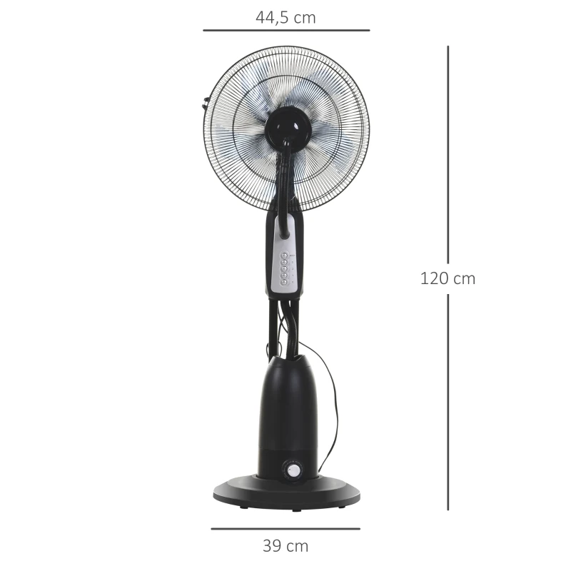 HOMCOM Ventoinha de Pé com Nebulizador Oscilante 3 Velocidades e 5 Lâminas Potência 90W Depósito 2,8L  Ø44,5x120cm Preto