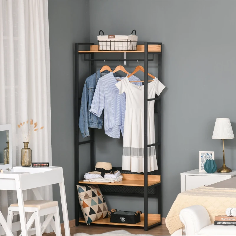 HOMCOM Cabide de entrada 2 em 1 com várias prateleiras e barra para pendurar para corredor Quarto sala de estar 80x40x190 cm Madeira natural preta