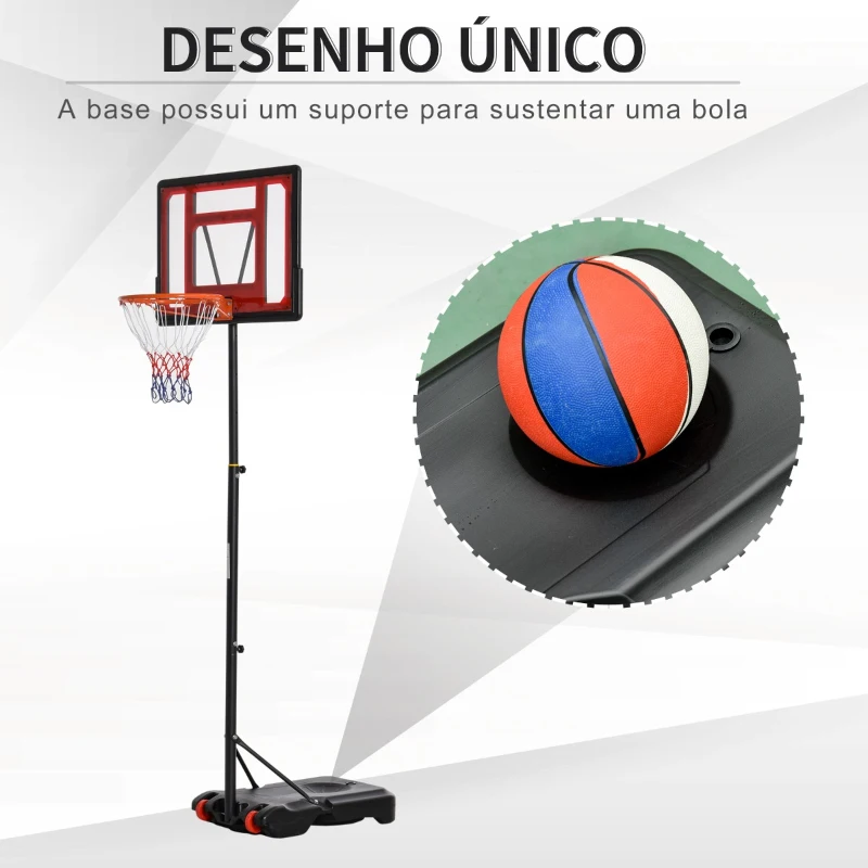 HOMCOM Tabela de Basquetebol Ajustável de 160-210cm Aro de Basquetebol com Suporte de Aço Base Recarregável 2 Rodas para Crianças e Adultos 75x83x261cm Vermelho e Preto