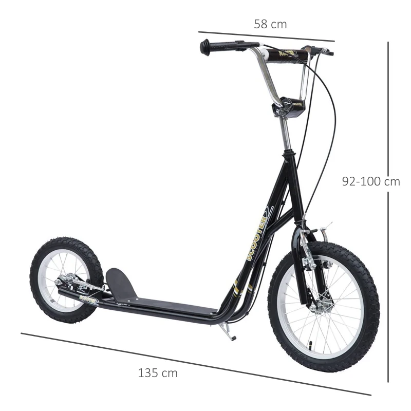 HOMCOM Trotinete para Crianças acima de 5 anos Scooter de 2 Rodas Grandes com Duplo Freio e Guidão Ajustável em Altura Adolecentes Adultos 135x58x92-100cm Preto
