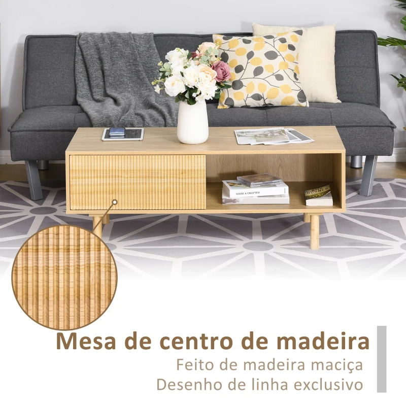 HOMCOM Mesa de Centro Moderna Mesa de Centro com 2 Compartimentos para Sala de Estar 110x50x41,5cm Madeira Natural