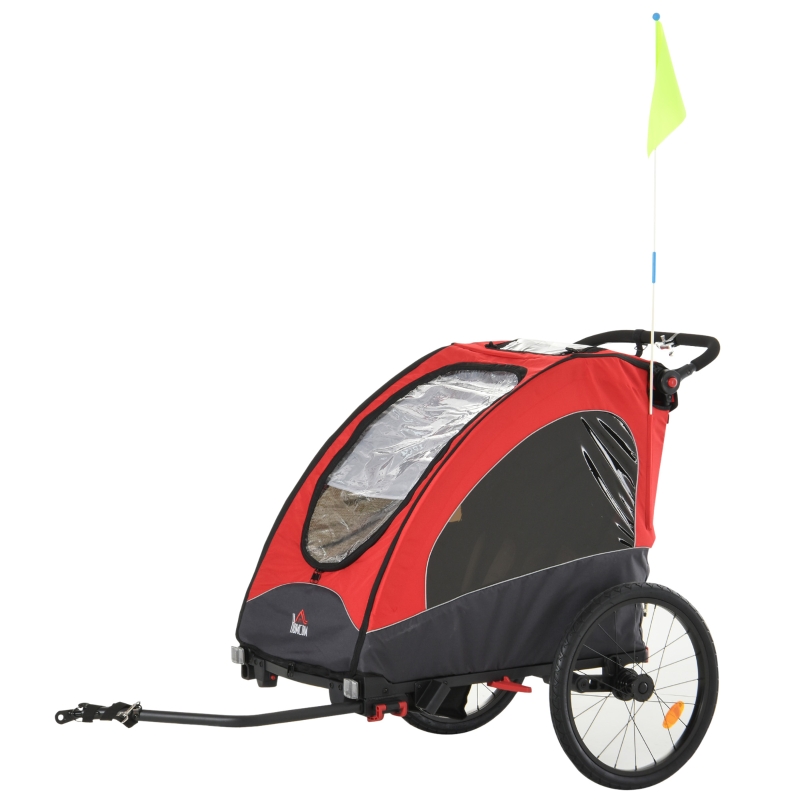 HOMCOM Reboque de criança 3 em 1 de 2 lugares para crianças acima de 6 meses Dobrável com barra rodas giratórias e guiador ajustável 150x85x107cm Vermelho