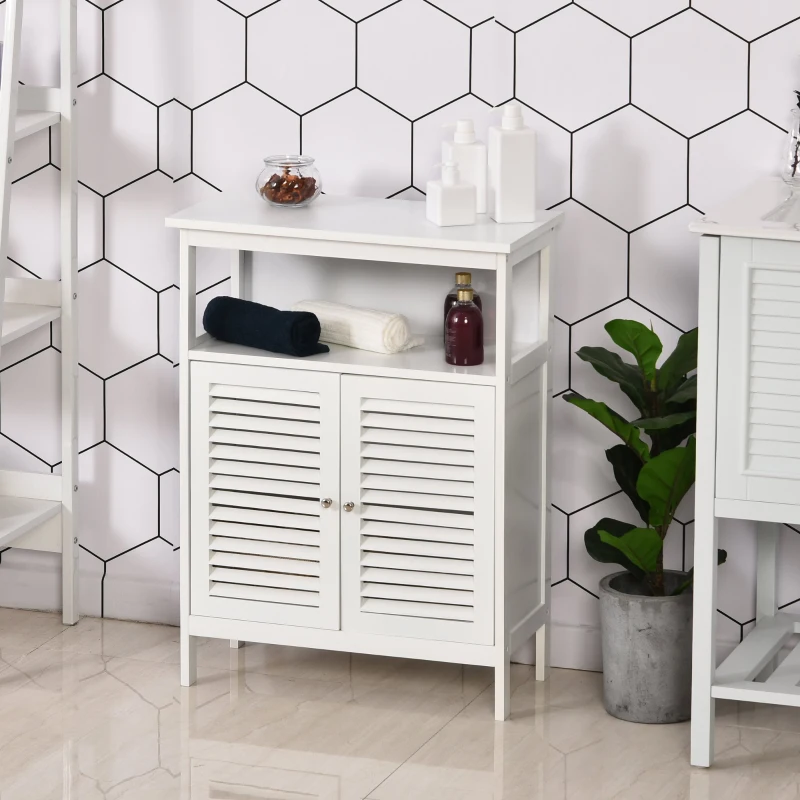 kleankin Armário Casa de Banho com 2 Portas Persianas e Compartimento Aberto Desenho Moderno 60x30x81,6 cm Branco