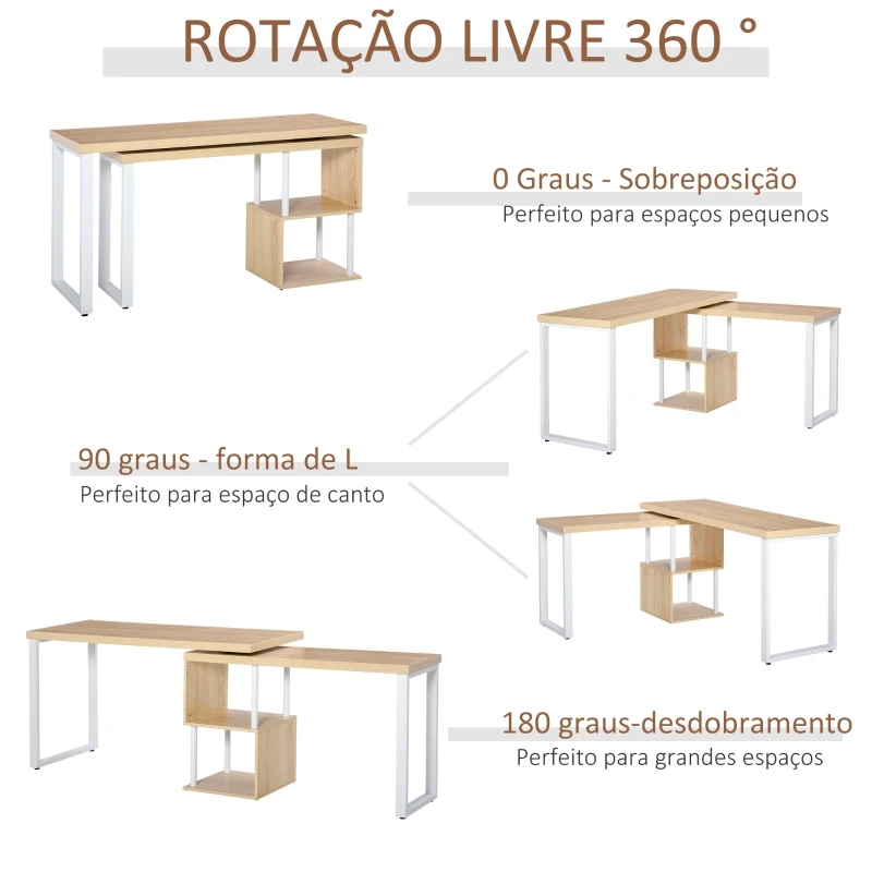 HOMCOM Secretária em forma de L  giratória de 360º  com prateleira de 2 níveis em S Grande espaço de armazenamento 220x55x76 cm Carvalho