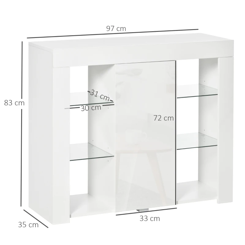 HOMCOM Aparador Moderno com Luzes LED Móvel Buffet com 1 Porta com Fechamento a Pressão e Prateleiras Ajustáveis Controle Remoto 97x35x83cm Branco