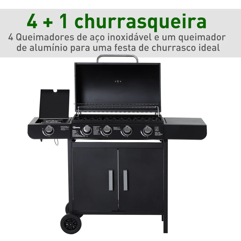 Outsunny Churrasqueira a Gás com 5 Queimadores de Aço Inox. Fogão e Grelha com Tampa e Rodas 125x51x100 cm Preto