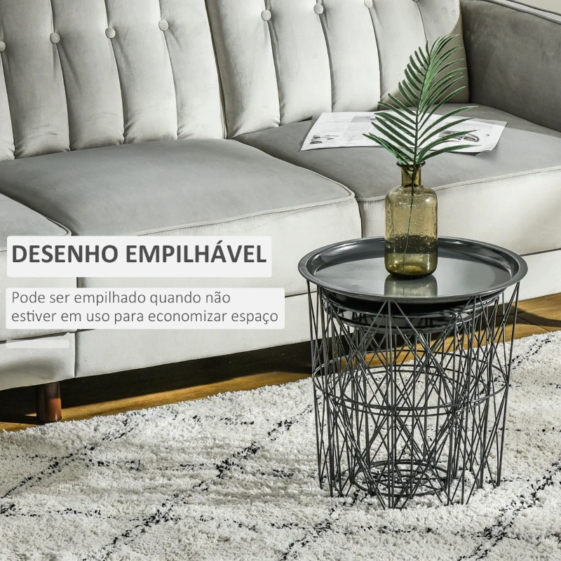 HOMCOM Conjunto de 3 mesas laterais empilháveis Cestos de metal com bandeja removível e espaço de armazenamento Estilo moderno para sala de estar Diâmetro Ø43 Ø35 e Ø30 cinza