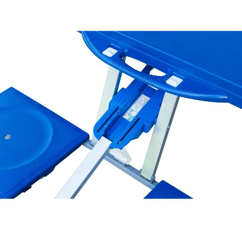 Outsunny Mesa de Acampamento Dobrável com 4 Cadeiras Conjunto para Acampamento com Orifício para Guarda Sol Estrutura de Alumínio 84.5x64.5x66cm Azul